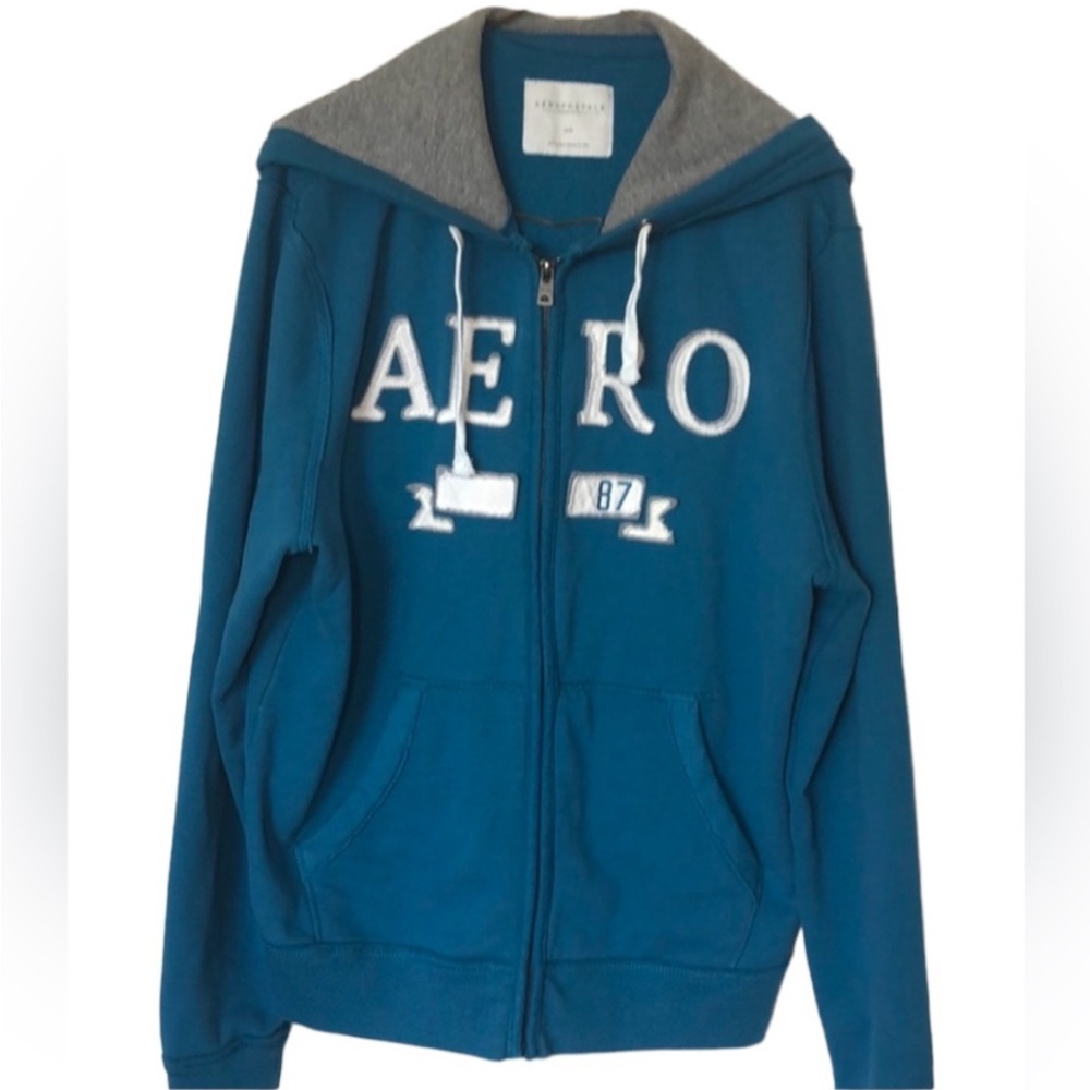 Aeropostale Zipper Hoodie Sweatshirt Cerulean Blue White Gray Jacket Coat Gift M - Picture 2 of 16